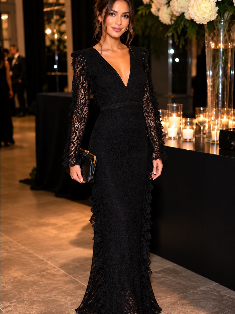 Women's Black Long Sleeve Lace dress Gown with V-Neck